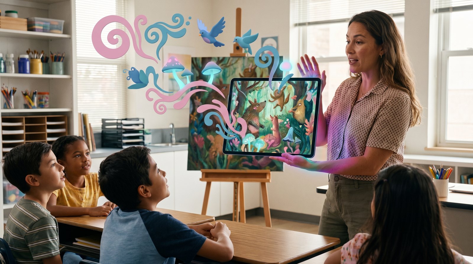 A teacher showing Artivive to a class as augmented reality bursts out of a tablet